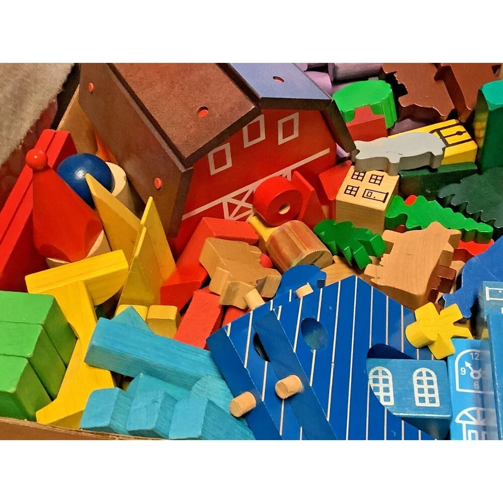 Vtg Wood Blocks TC Timber Huge Set Funland Farm Town Animals People 120+ Pieces